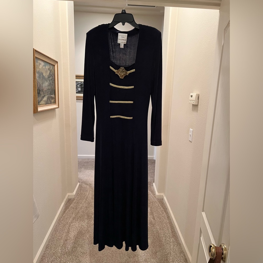 Rare Vintage 1980’s Joseph Ribkoff Navy dress with gold accents. Size 10.